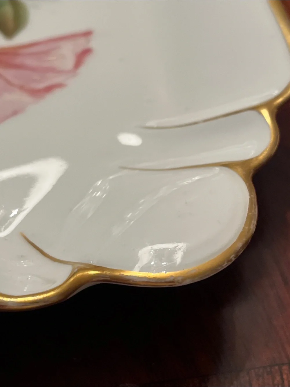 Antique Limoges White Porcelain Platter with Pink Floral Bouquet and Gold Trim